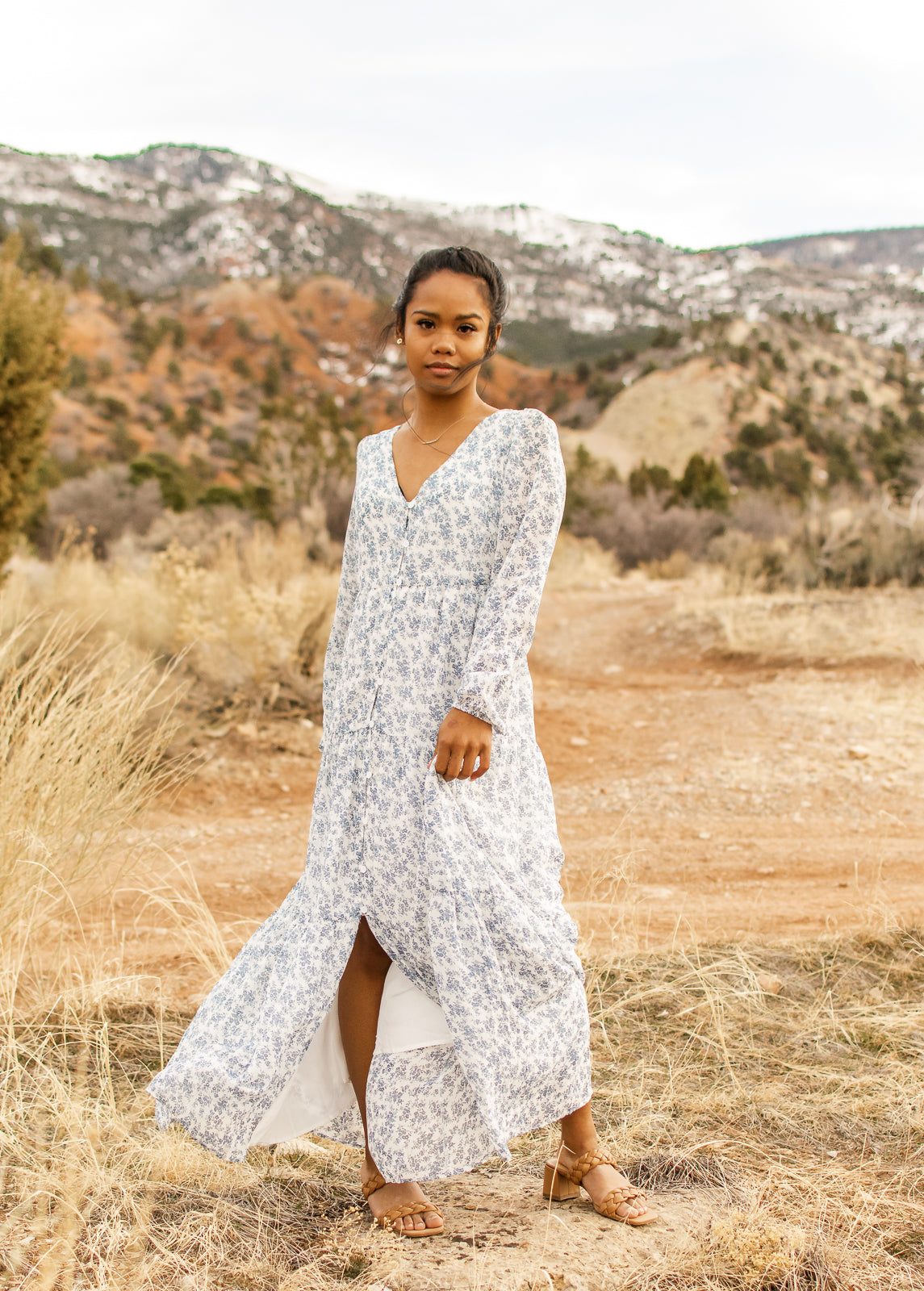 blue and white floral long sleeve maxi dress – Bella by Grace Co